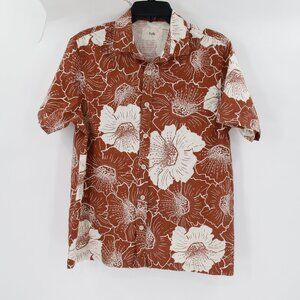 Folk Shirt Mens Small Short Sleeve Button Up Floral poly Cotton Linen Blend camp